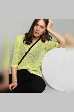 VERO MODA Women Lemon Yellow Knitted Top, Short Sleeves, Round Neck