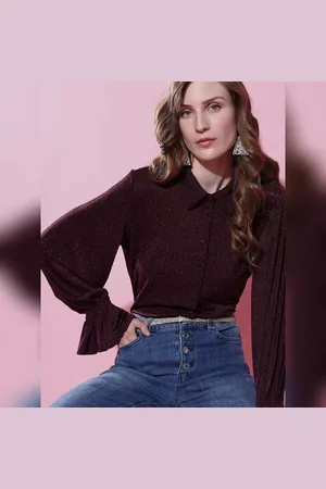 VERO MODA Women Maroon Metallic Lurex Shirt, Long Sleeves, Shirt Collar