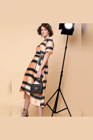 VERO MODA Women Peach Striped Fit & Flare Wrap Dress, Short Sleeves, V-Neck
