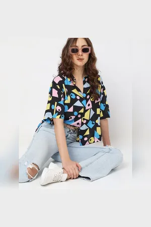 VERO MODA Women Black Geometric Print Shirt, Short Sleeves, Shirt Collar