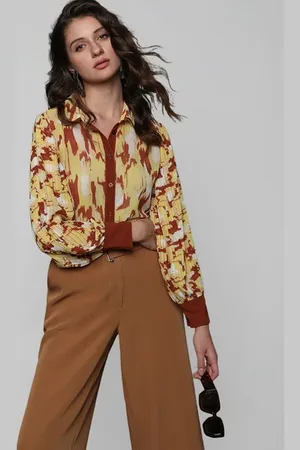 VERO MODA Women Yellow Abstract Print Shirt, Long Sleeves, Shirt Collar