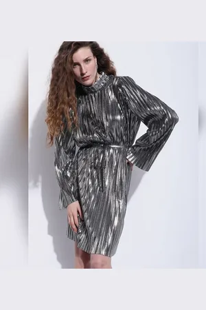 VERO MODA Women Silver Metallic Shift Dress, Long Sleeves, Turtle Neck
