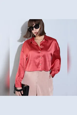 VERO MODA Women Red Satin Cropped Shirt, Long Sleeves, Shirt Collar