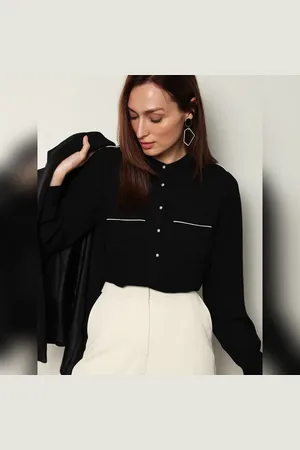 VERO MODA Women Black Contrast Tipping Top, Long Sleeves, Mandarin Collar