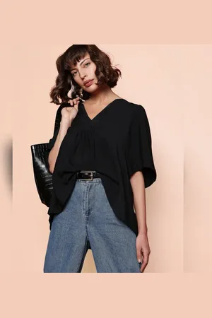 VERO MODA Women Black V-Neck Flared Top, Short Sleeves, V-Neck