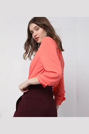 VERO MODA Women Peach Top, Long Sleeves, V-Neck