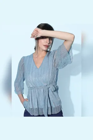 VERO MODA Women Blue Printed Top, 3/4th Sleeves, V-Neck