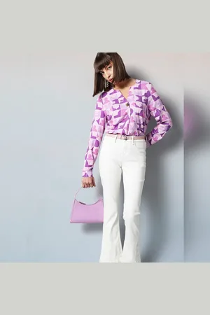 VERO MODA Women Purple Abstract Print Top, Long Sleeves, V-Neck