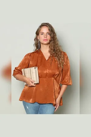 VERO MODA Women Curve Copper Brown Shimmer Top, 3/4th Sleeves, V-Neck