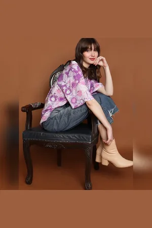 VERO MODA Women Purple Printed Shirt, Short Sleeves, Shirt Collar