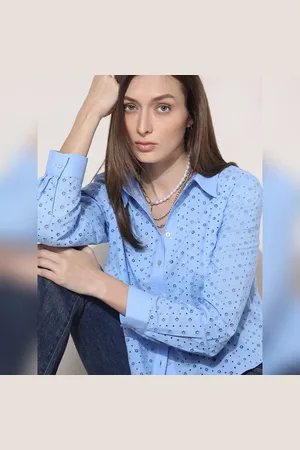 VERO MODA Women Blue Schiffli Cotton Shirt, Long Sleeves, Shirt Collar