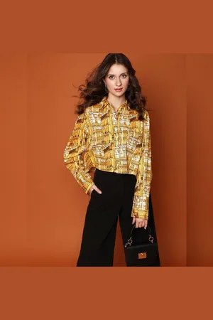 VERO MODA Women Yellow Abstract Print Cropped Shirt, Long Sleeves, Shirt Collar