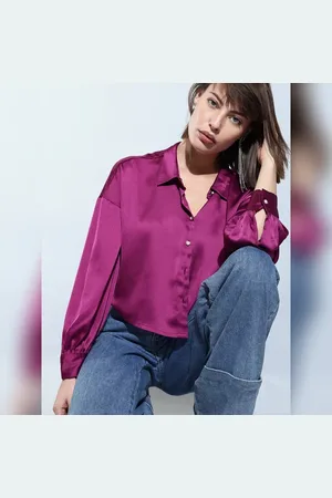 VERO MODA Women Purple Satin Cropped Shirt, Long Sleeves, Shirt Collar