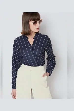 VERO MODA Women Navy Blue Striped Full Sleeves Top, Long Sleeves, Mandarin Collar