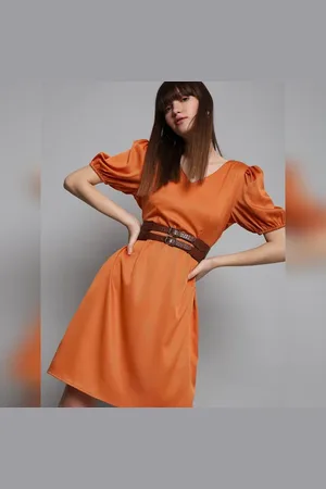 VERO MODA Women Orange Mini Dress, Short Sleeves, V-Neck