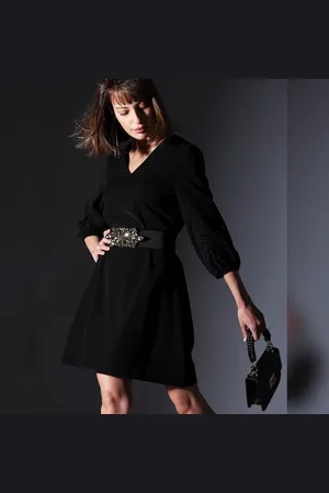 VERO MODA Women Black Embroidered Sleeves Mini Dress, 3/4th Sleeves, V-Neck