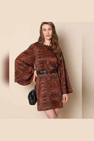 VERO MODA Women Brown & Black Animal Print Mini Dress, Long Sleeves, Boat Neck
