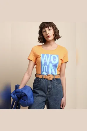 VERO MODA Women Orange Graphic Print T-shirt, Short Sleeves, Round Neck