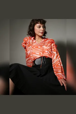 VERO MODA Women Orange Abstract Print Top, Long Sleeves, Round Neck