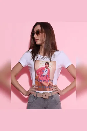 VERO MODA Women White Graphic Print T-shirt, Short Sleeves, Scoop Neck