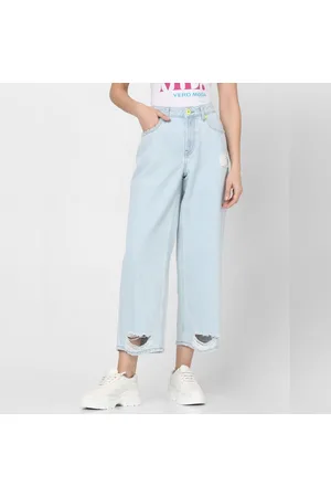 Light Blue High Rise Frayed Wide Leg Jeans