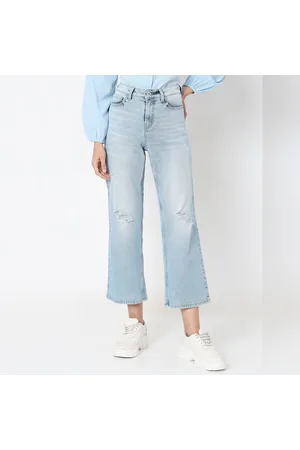 Light Blue High Rise Frayed Wide Leg Jeans