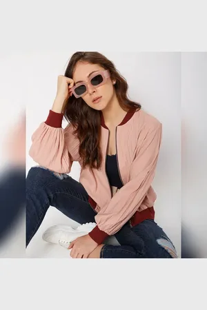 VERO MODA Women Pink Pleated Bomber Jacket, Long Sleeves, Round Neck