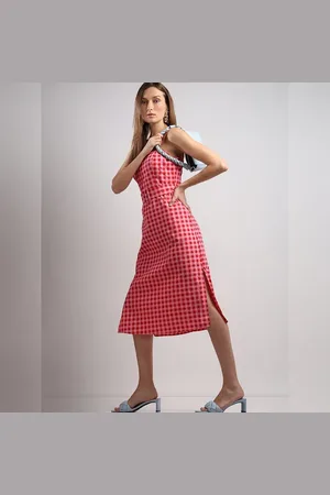 VERO MODA Women Red & Pink Check Midi Dress, Sleeveless, Shoulder Straps