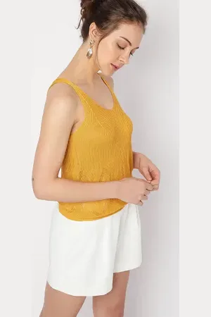 VERO MODA Women Yellow Flatknit Top, Sleeveless, Round Neck