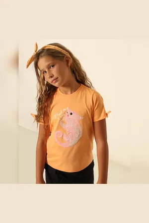 VERO MODA Girls Girls Orange Sequin Graphic T-shirt, Short Sleeves, Round Neck
