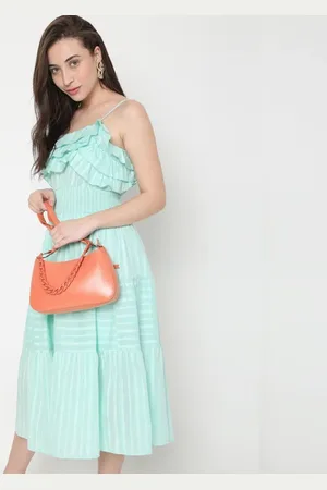VERO MODA Women Green Striped Strappy Midi Dress, Sleeveless, Off Shoulder