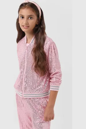 VERO MODA Girls GIRL Pink Sequinned Bomber Jacket, Long Sleeves