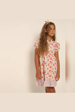 VERO MODA Girls Girls White Floral Fit & Flare Dress, Short Sleeves