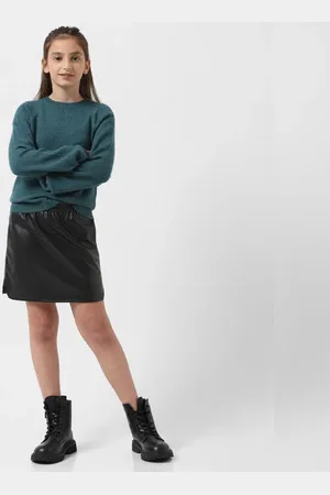 VERO MODA Girls GIRL Black Mid Rise Faux Leather Pull-Up Skirt