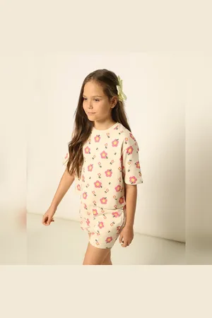 VERO MODA Girls Beige Floral Co-ord Set T-shirt, Short Sleeves, Round Neck