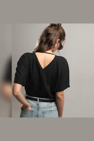 VERO MODA Women Black V-Neck Top, Short Sleeves, V-Neck