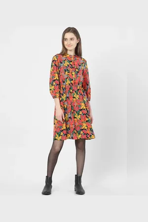 VERO MODA Women Red Floral Print Shift Dress, 2/4th Sleeves, Round Neck