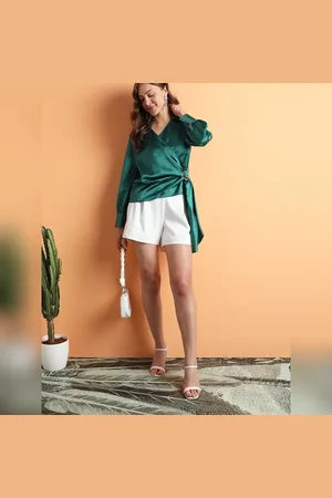 VERO MODA Women Green Satin Top, Long Sleeves, Shirt Collar