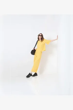 VERO MODA Women Yellow Ribbed Co-ord Top, Short Sleeves, Round Neck