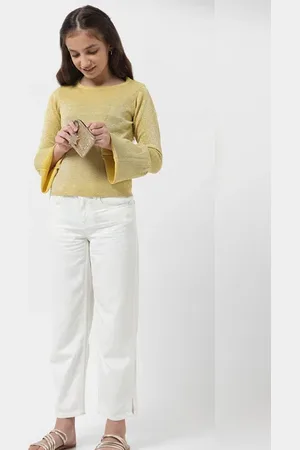 VERO MODA Girls GIRL Yellow Shimmer Knit Top, Long Sleeves, Boat Neck
