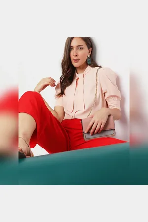VERO MODA Women Peach Tie-Up Shirt, Short Sleeves, High Neck