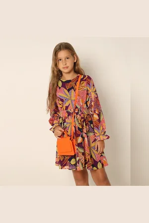 VERO MODA Girls Brown Printed Fit & Flare Dress, Short Sleeves, Round Neck
