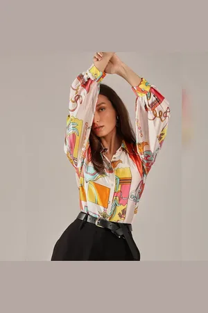 VERO MODA Women Peach Printed Satin Shirt, Long Sleeves, Shirt Collar