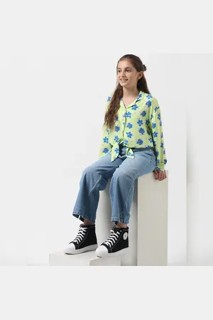 VERO MODA Girls GIRL Green Floral Front Knot Shirt, Short Sleeves, Collared