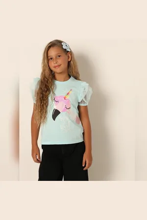 VERO MODA Girls Girls Blue Sequin Graphic T-shirt, Short Sleeves, Round Neck