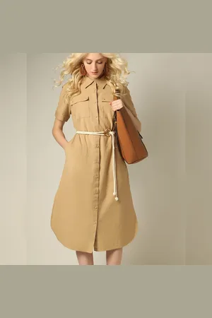 VERO MODA Women Beige Midi Shirt Dress, Short Sleeves, Shirt Collar