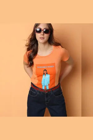 VERO MODA Women Orange Typographic Print T-shirt, Short Sleeves, Round Neck