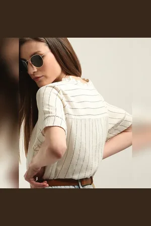 VERO MODA Women Beige Striped Woven Top, Short Sleeves, Mandarin Collar