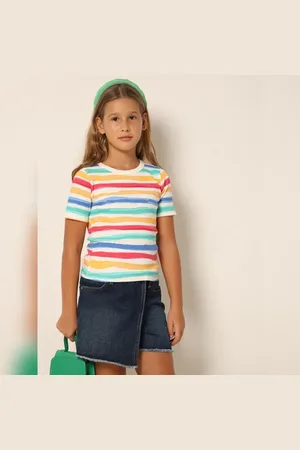 VERO MODA Girls White Striped T-shirt, Short Sleeves, Round Neck