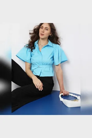 VERO MODA Women Blue Flared Cropped Shirt, Short Sleeves, Shirt Collar